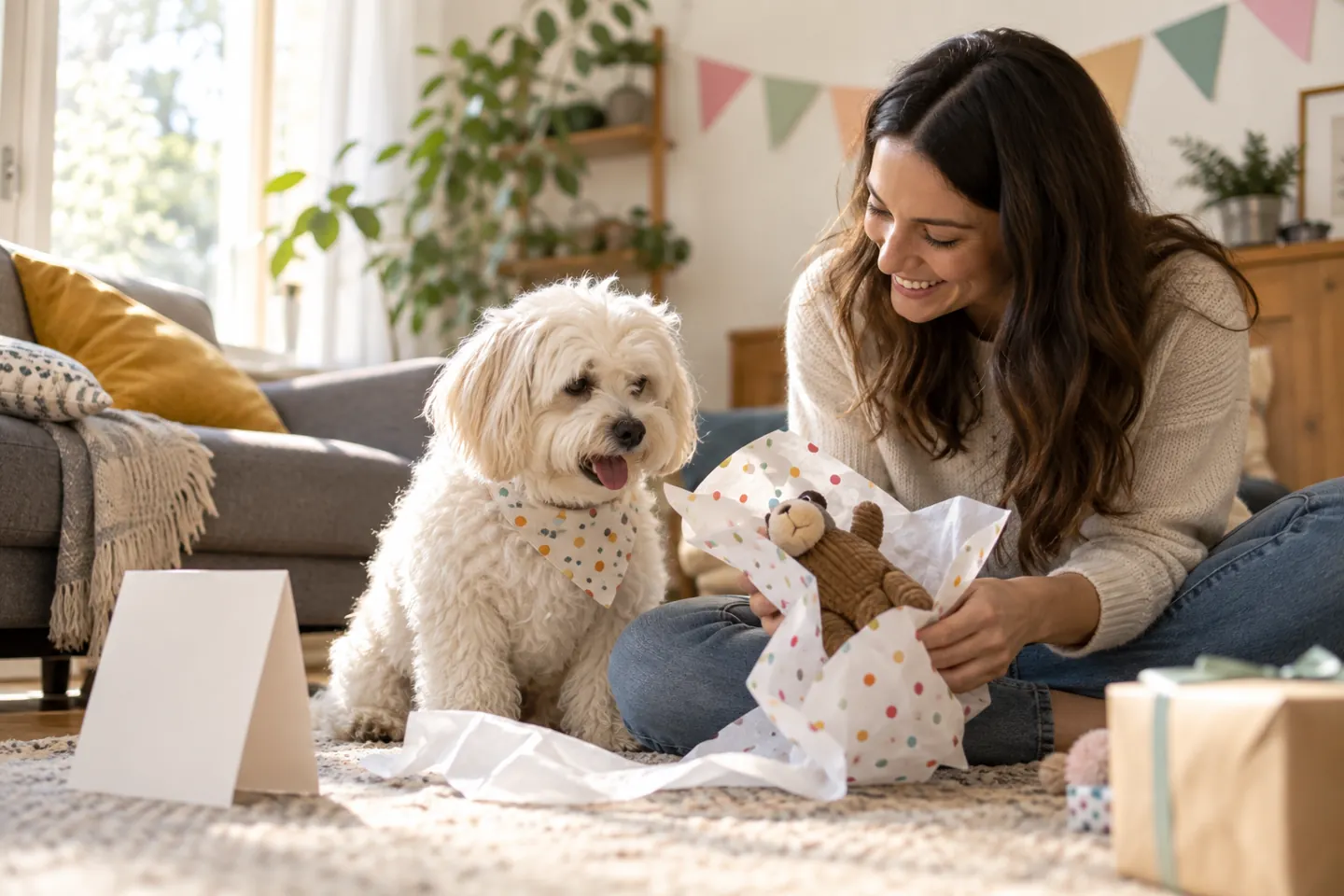 Small white dog opening a toy with owner during a quiet celebration
