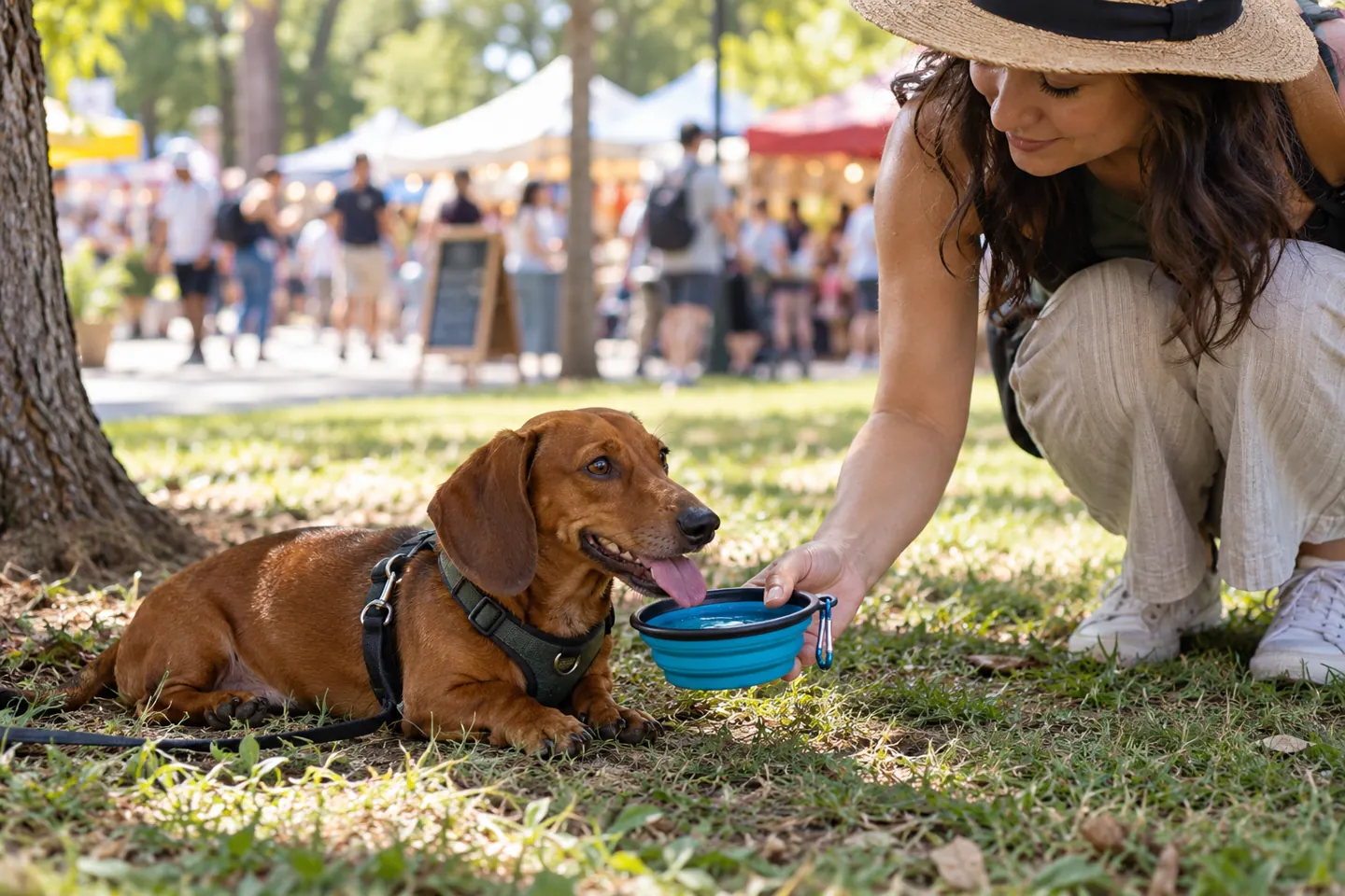 Small dog taking a water break away from an outdoor event crowd