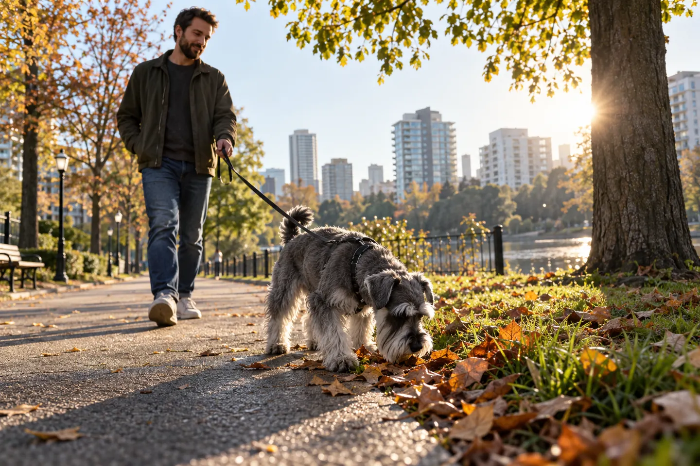 Schnauzer sniffing leaves on an urban park path